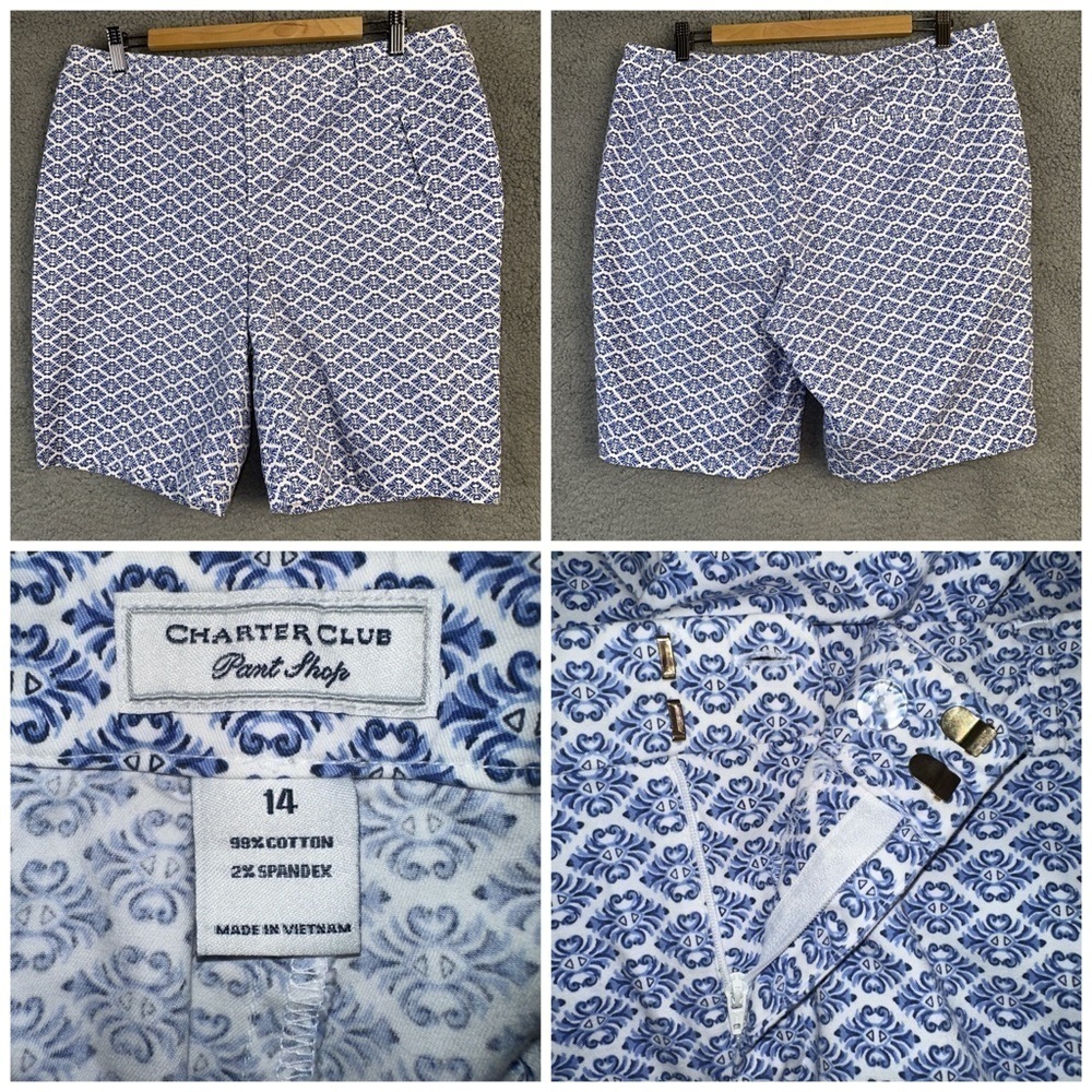 Charter Club Shorts Women's 14 White Blue Damask Floral Pant Shop Flat Front